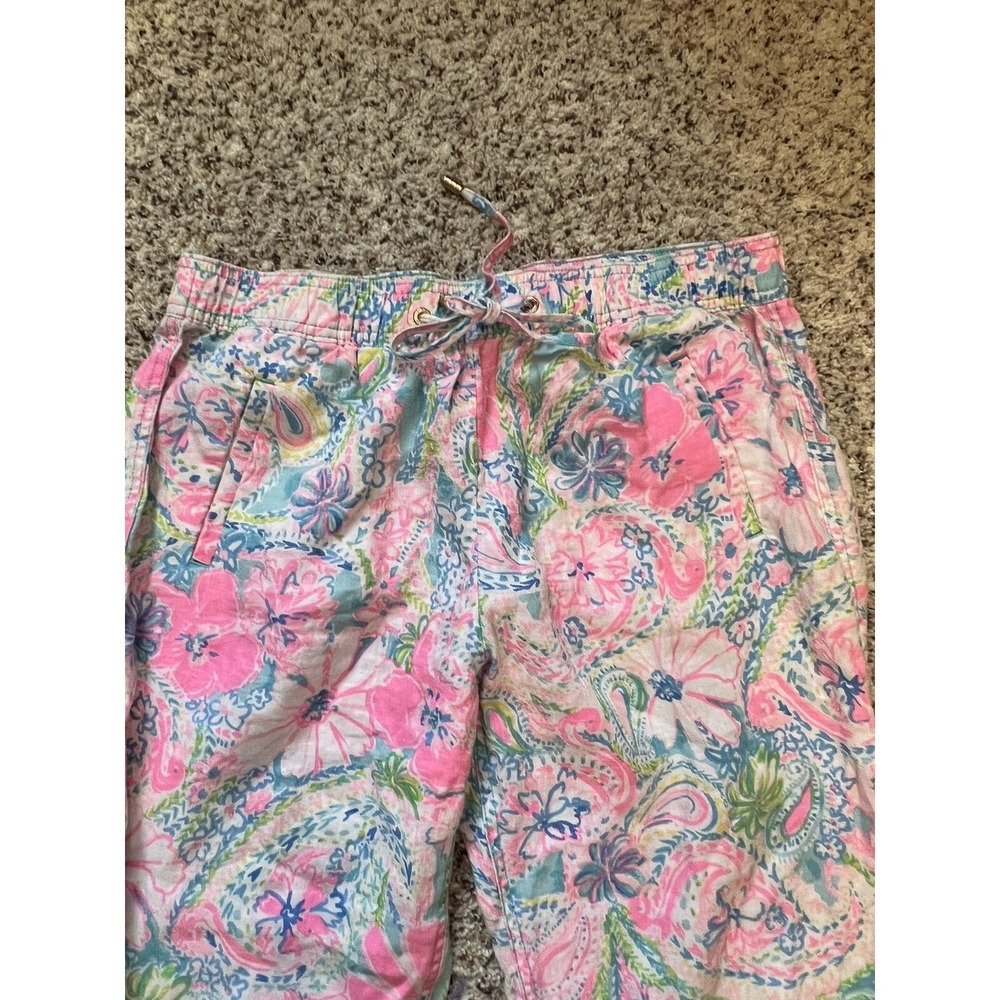 Lilly Pulitzer New   Linen Beach Pants Catch The Wave Sz L‎ Pull On Pink